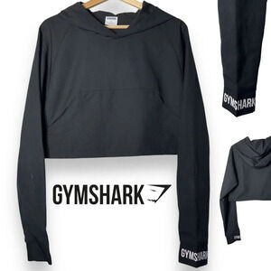 Gymshark Women’s Large Black Cropped Hoodie Minimalist Zip Pockets Gym Athletics
